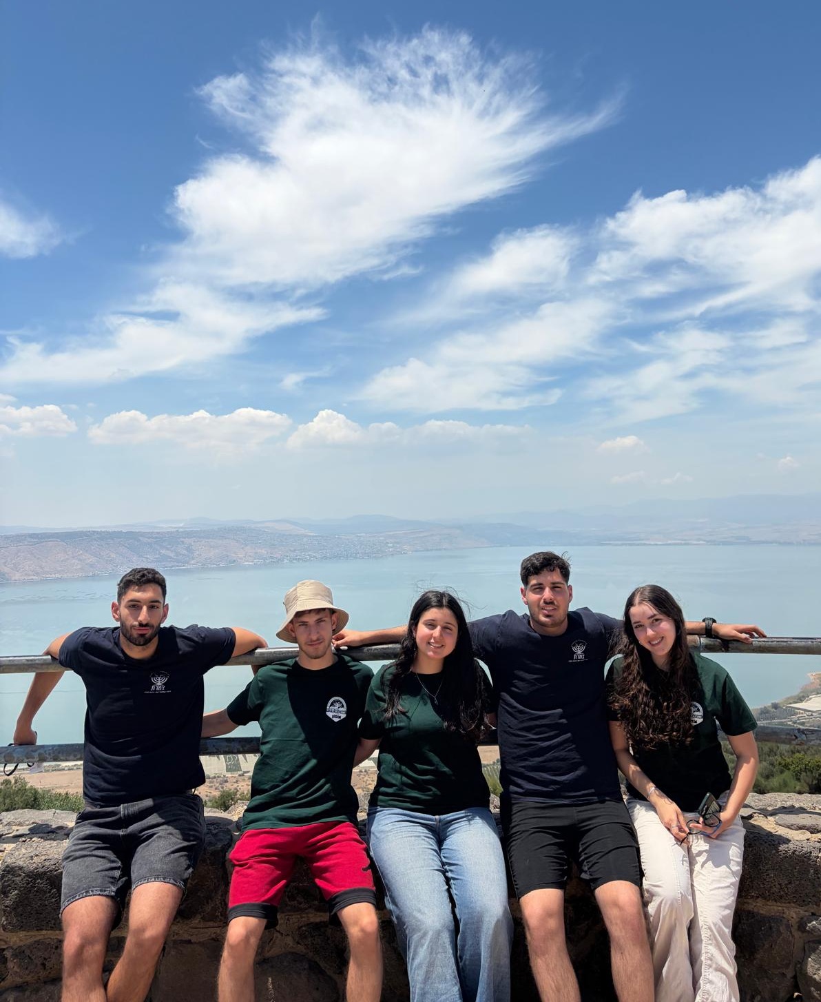 בני נוער יושבים על חומה ומאחוריהם ברקע שמיים כחולים